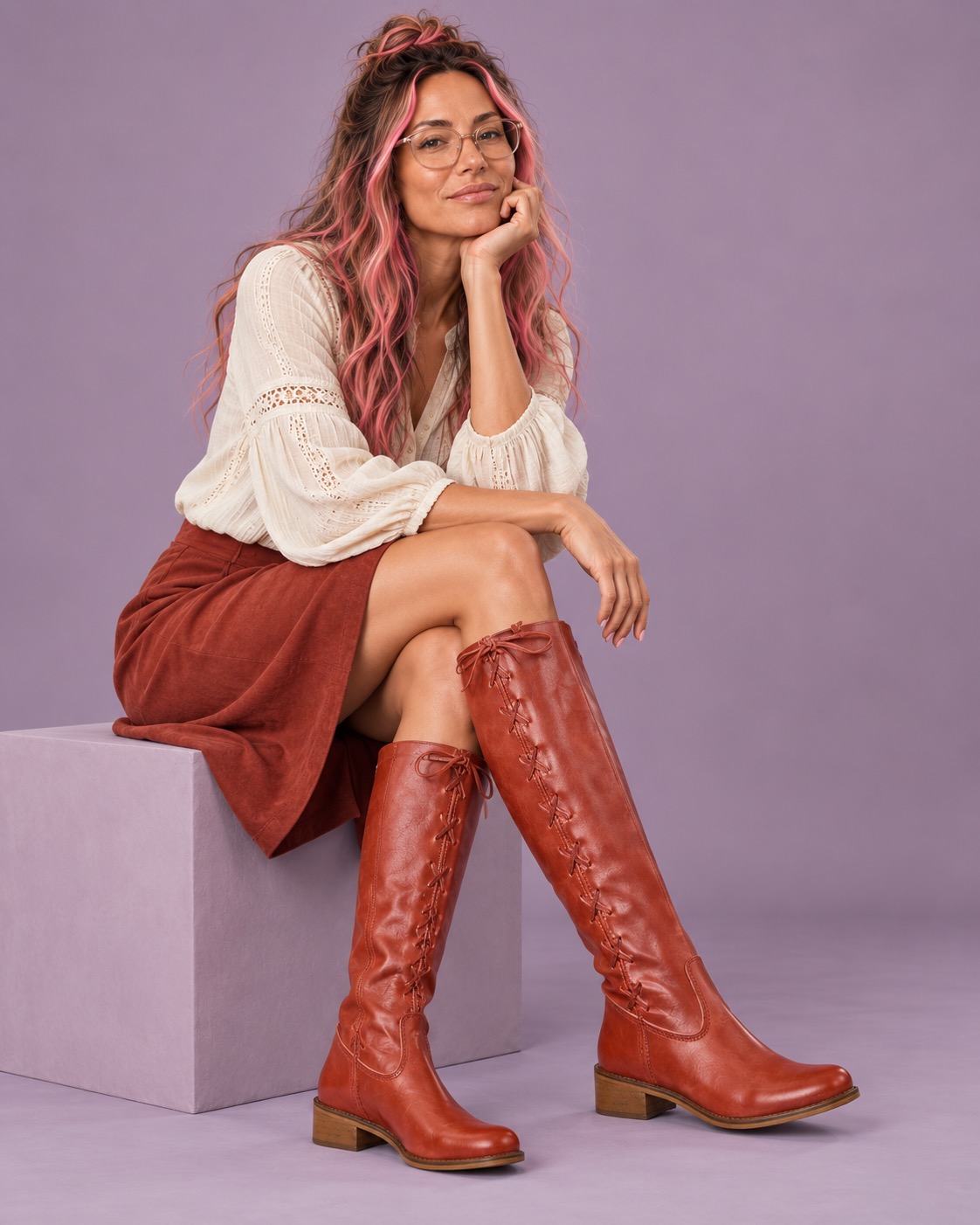 Stephanie seated in lace-up boots, ready to collaborate on your creative project